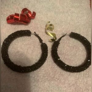 Glitter Hoop Earrings Black NEW in Package